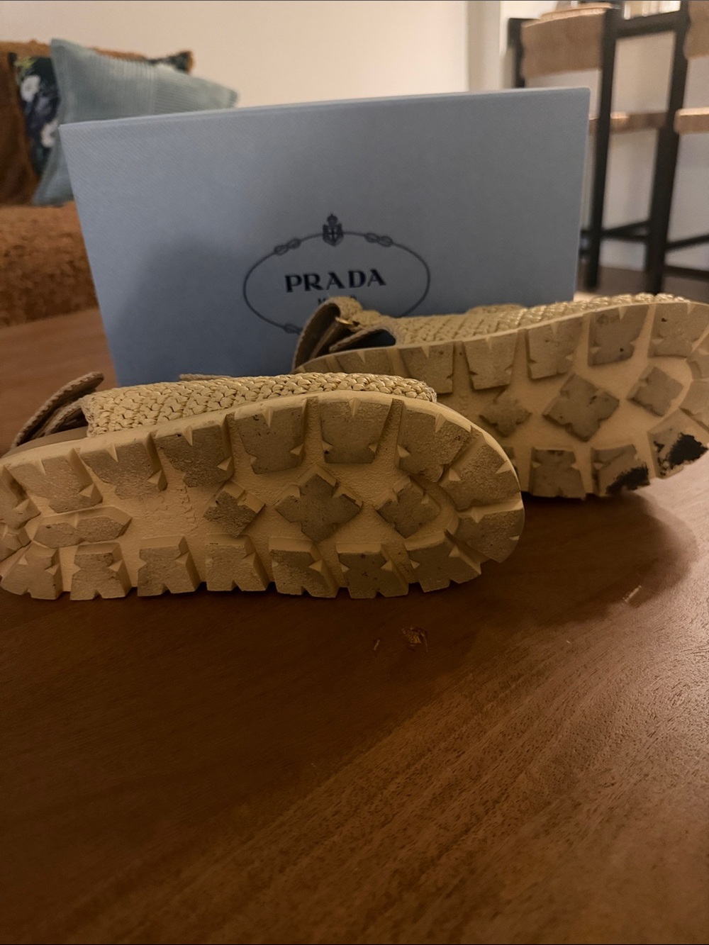Prada Tan Woven Velcro Sandals - Picture 5 of 6